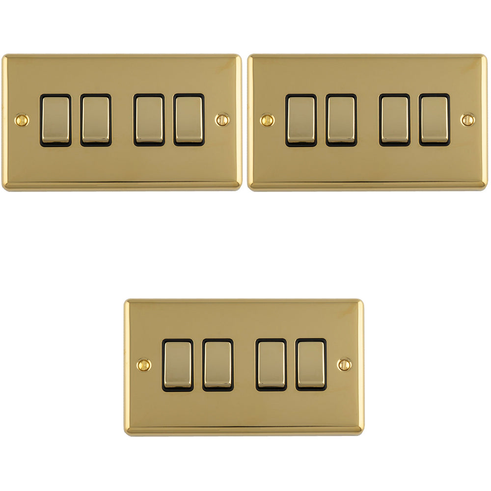 3 PACK 4 Gang Quad Light Switch POLISHED BRASS 2 Way 10A Black Trim ...