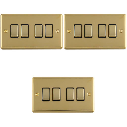 3 PACK 4 Gang Quad Light Switch POLISHED BRASS 2 Way 10A Black Trim & Metal Rocker