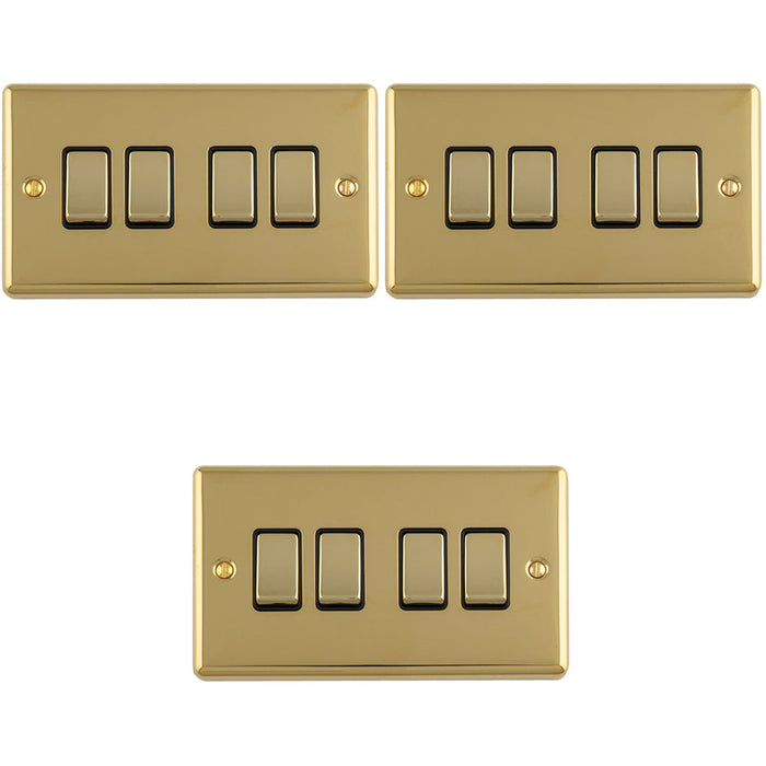 3 PACK 4 Gang Quad Light Switch POLISHED BRASS 2 Way 10A Black Trim & Metal Rocker