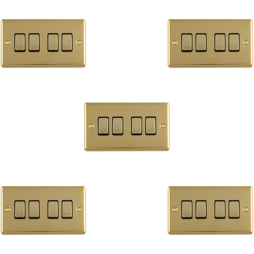 5 PACK 4 Gang Quad Light Switch POLISHED BRASS 2 Way 10A Black Trim & Metal Rocker