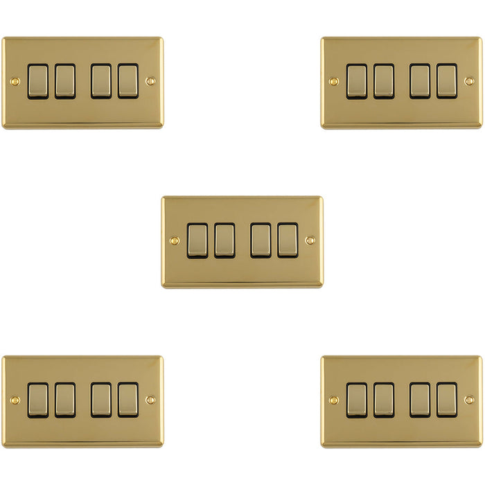 5 PACK 4 Gang Quad Light Switch POLISHED BRASS 2 Way 10A Black Trim & Metal Rocker