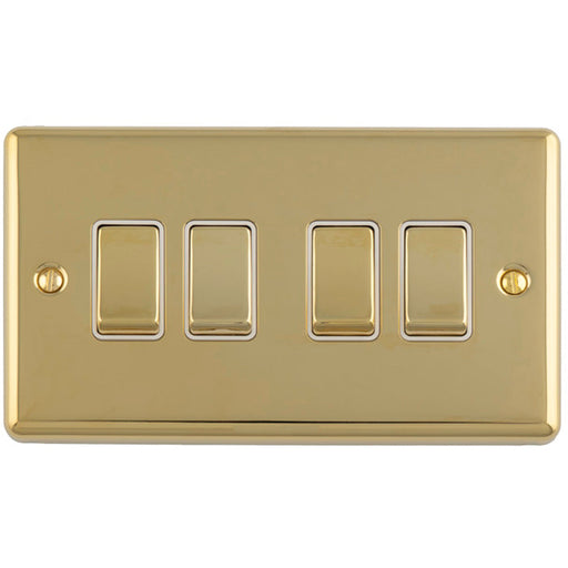 4 Gang Quad Light Switch POLISHED BRASS 2 Way 10A White Trim & Metal Rocker