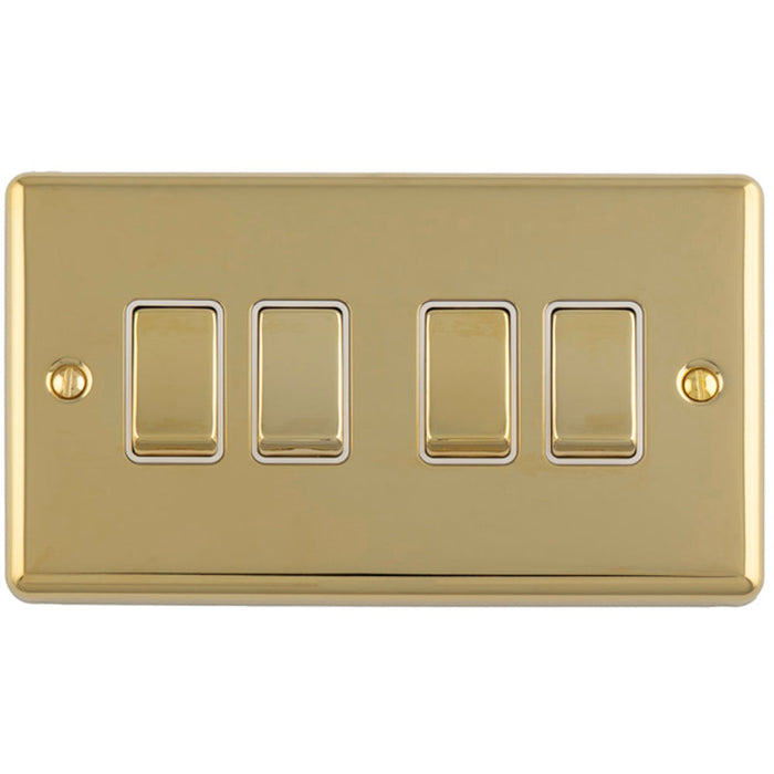 4 Gang Quad Light Switch POLISHED BRASS 2 Way 10A White Trim & Metal Rocker