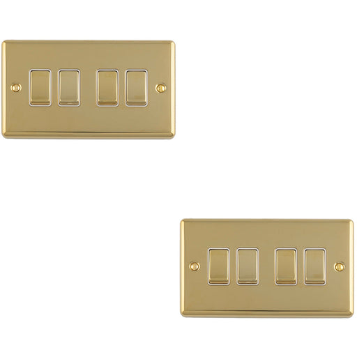 2 PACK 4 Gang Quad Light Switch POLISHED BRASS 2 Way 10A White Trim & Metal Rocker