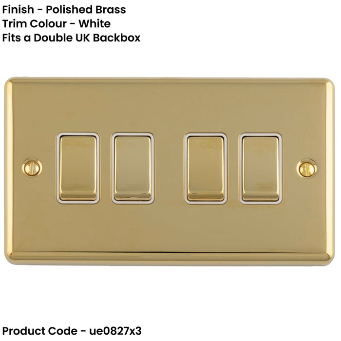 3 PACK 4 Gang Quad Light Switch POLISHED BRASS 2 Way 10A White Trim & Metal Rocker