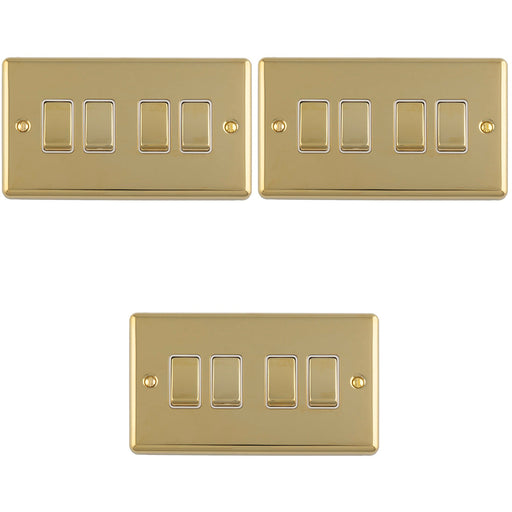 3 PACK 4 Gang Quad Light Switch POLISHED BRASS 2 Way 10A White Trim & Metal Rocker