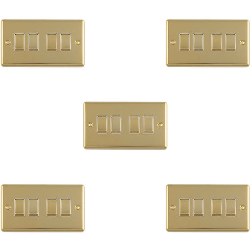 5 PACK 4 Gang Quad Light Switch POLISHED BRASS 2 Way 10A White Trim & Metal Rocker