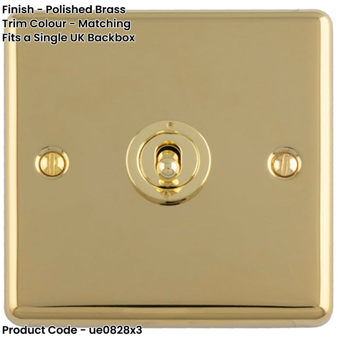 3 PACK 1 Gang Single Retro Toggle Light Switch POLISHED BRASS 10A 2 Way Lever Plate