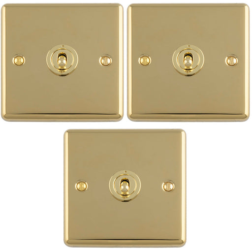 3 PACK 1 Gang Single Retro Toggle Light Switch POLISHED BRASS 10A 2 Way Lever Plate