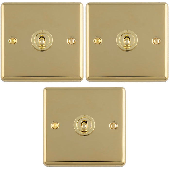 3 PACK 1 Gang Single Retro Toggle Light Switch POLISHED BRASS 10A 2 Way Lever Plate