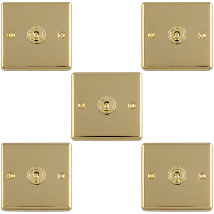 5 PACK 1 Gang Single Retro Toggle Light Switch POLISHED BRASS 10A 2 Way Lever Plate
