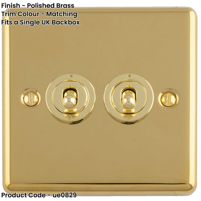 2 Gang Double Retro Toggle Light Switch POLISHED BRASS 10A 2 Way Lever Plate
