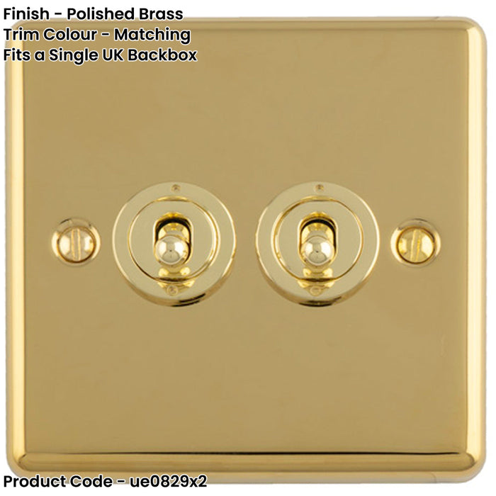 2 PACK 2 Gang Double Retro Toggle Light Switch POLISHED BRASS 10A 2 Way Lever Plate