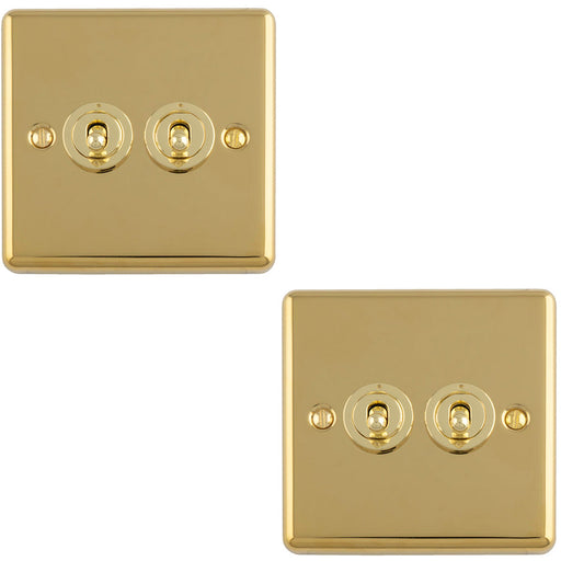2 PACK 2 Gang Double Retro Toggle Light Switch POLISHED BRASS 10A 2 Way Lever Plate
