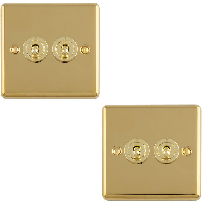 2 PACK 2 Gang Double Retro Toggle Light Switch POLISHED BRASS 10A 2 Way Lever Plate