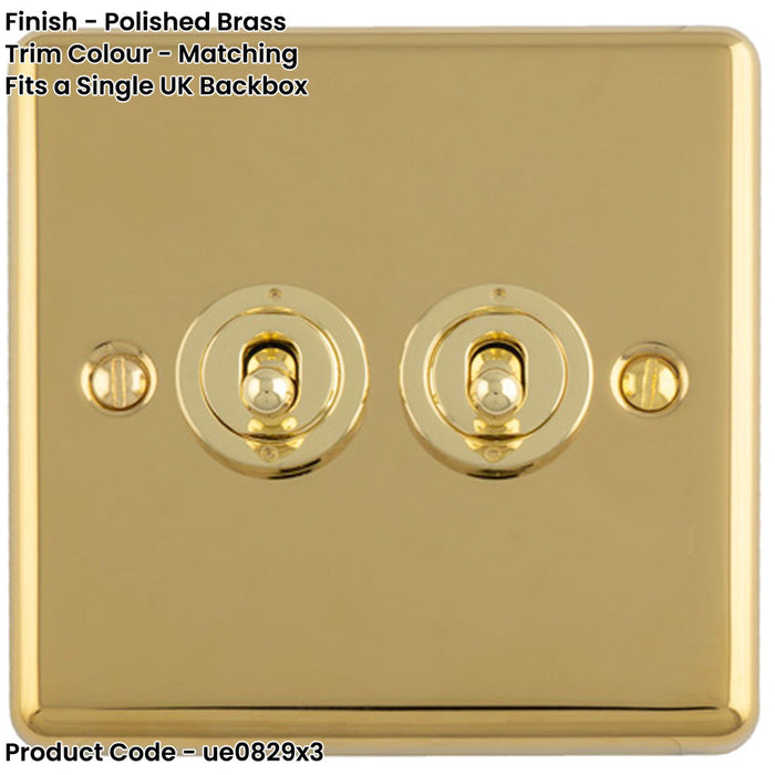 3 PACK 2 Gang Double Retro Toggle Light Switch POLISHED BRASS 10A 2 Way Lever Plate