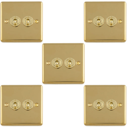 5 PACK 2 Gang Double Retro Toggle Light Switch POLISHED BRASS 10A 2 Way Lever Plate