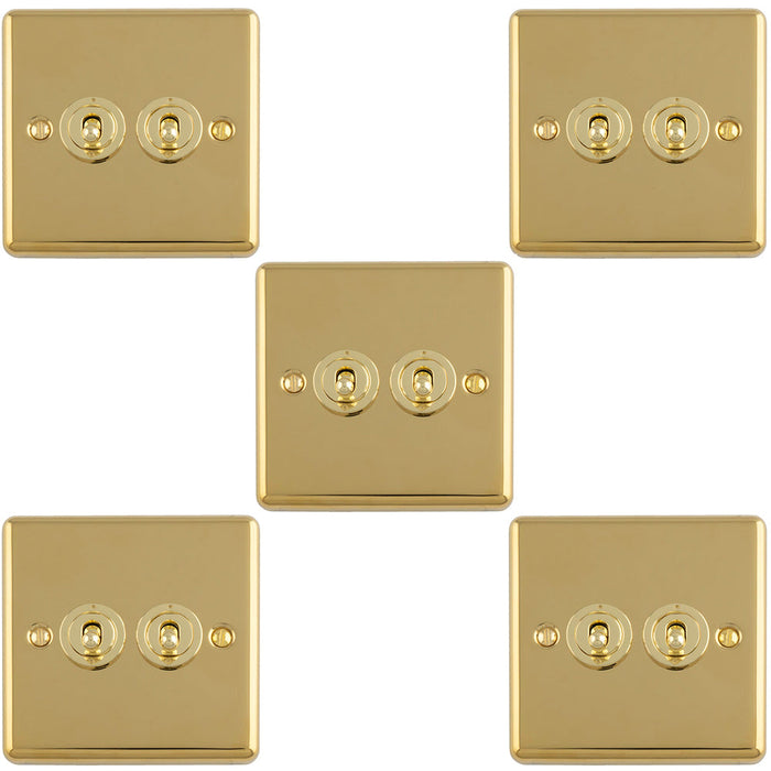 5 PACK 2 Gang Double Retro Toggle Light Switch POLISHED BRASS 10A 2 Way Lever Plate
