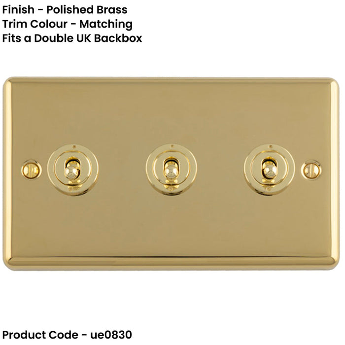 3 Gang Triple Retro Toggle Light Switch POLISHED BRASS 10A 2 Way Lever Plate