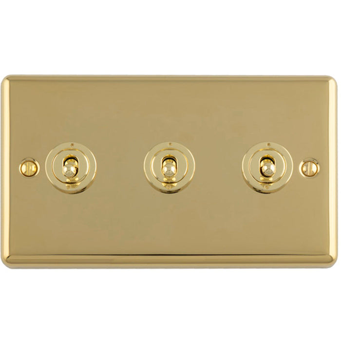 3 Gang Triple Retro Toggle Light Switch POLISHED BRASS 10A 2 Way Lever Plate