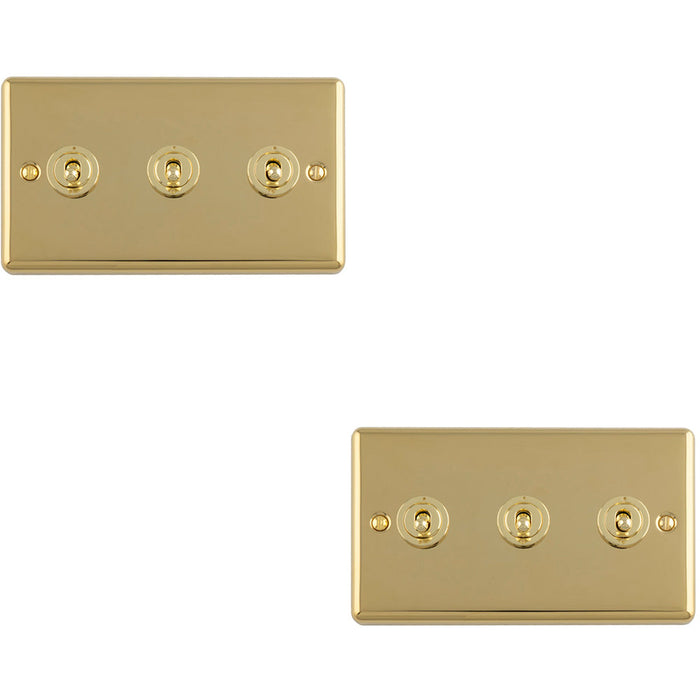 2 PACK 3 Gang Triple Retro Toggle Light Switch POLISHED BRASS 10A 2 Way Lever Plate