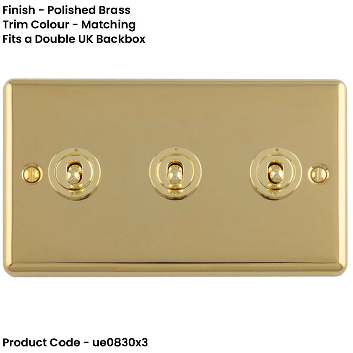 3 PACK 3 Gang Triple Retro Toggle Light Switch POLISHED BRASS 10A 2 Way Lever Plate