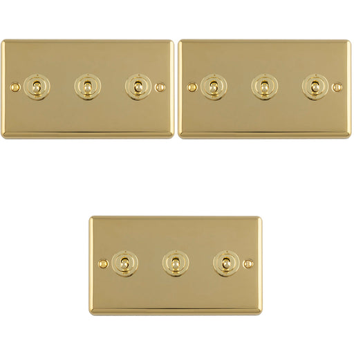 3 PACK 3 Gang Triple Retro Toggle Light Switch POLISHED BRASS 10A 2 Way Lever Plate