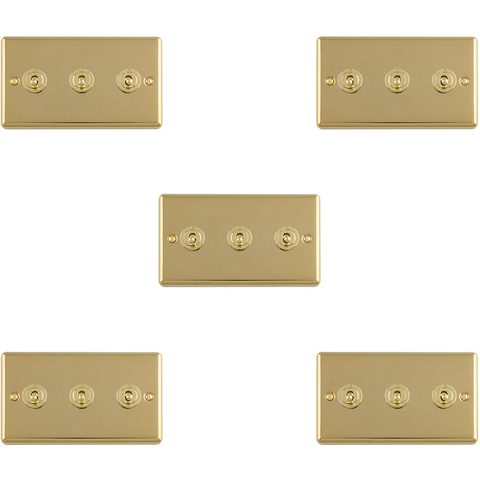 5 PACK 3 Gang Triple Retro Toggle Light Switch POLISHED BRASS 10A 2 Way Lever Plate