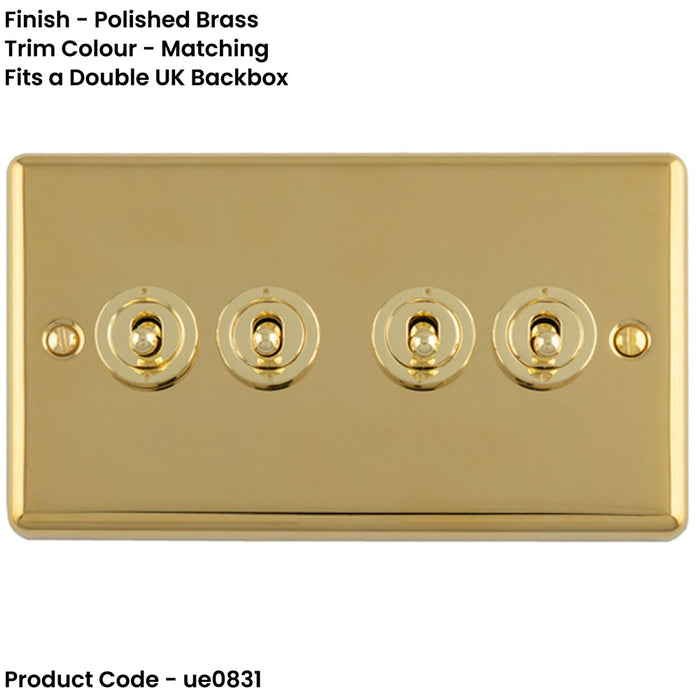 4 Gang Quad Retro Toggle Light Switch POLISHED BRASS 10A 2 Way Lever Plate