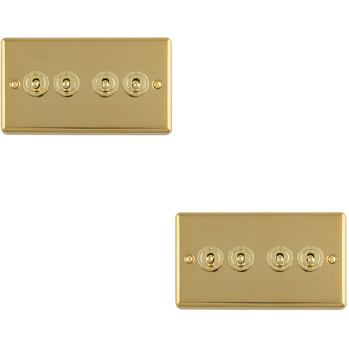 2 PACK 4 Gang Quad Retro Toggle Light Switch POLISHED BRASS 10A 2 Way Lever Plate