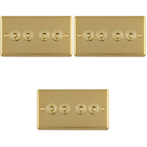 3 PACK 4 Gang Quad Retro Toggle Light Switch POLISHED BRASS 10A 2 Way Lever Plate