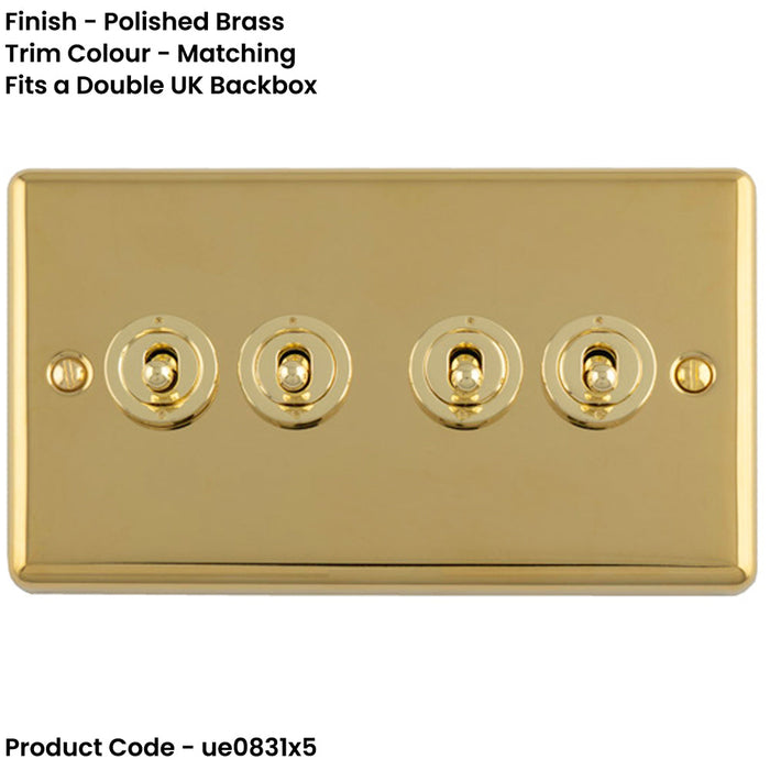 5 PACK 4 Gang Quad Retro Toggle Light Switch POLISHED BRASS 10A 2 Way Lever Plate