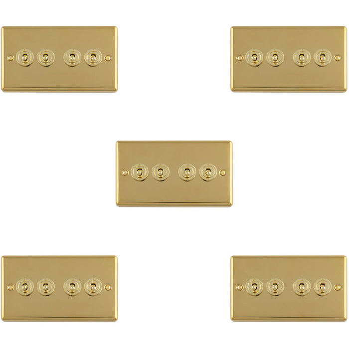 5 PACK 4 Gang Quad Retro Toggle Light Switch POLISHED BRASS 10A 2 Way Lever Plate