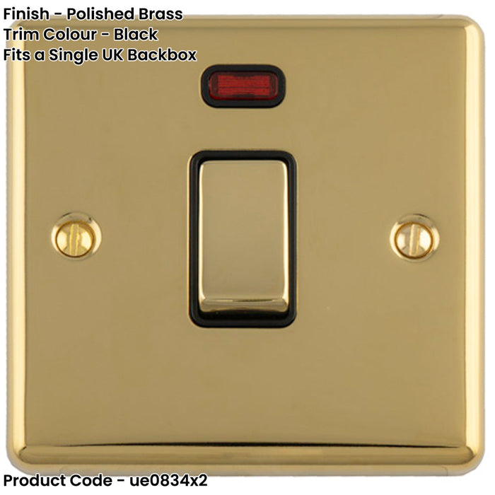 2 PACK 1 Gang 20A DP Single Switch & Neon Power Indictor POLISHED BRASS & Black Trim