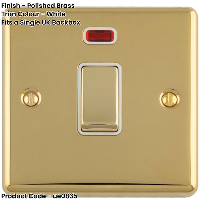 1 Gang 20A DP Single Switch & Neon Power Indictor POLISHED BRASS & White Trim