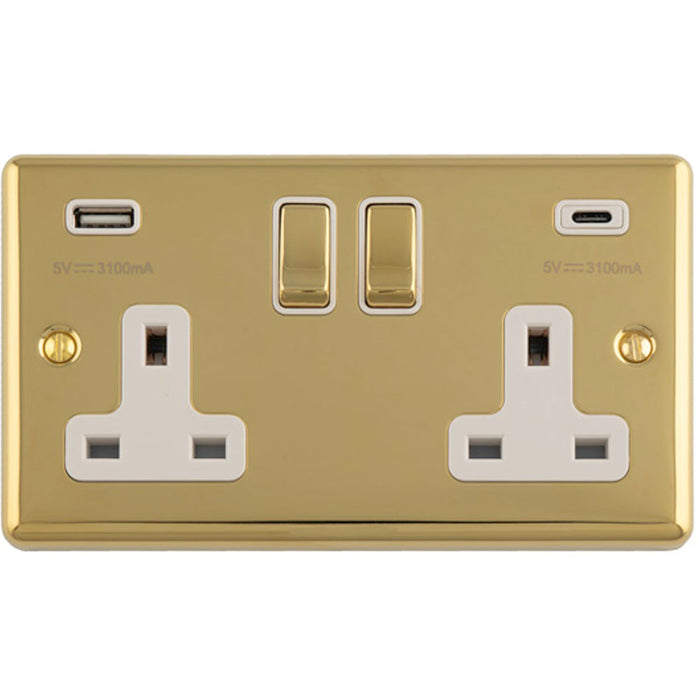 2 Gang Double UK Plug Socket & Dual 3.1A USB C USB A POLISHED BRASS & WHITE 13A Switched
