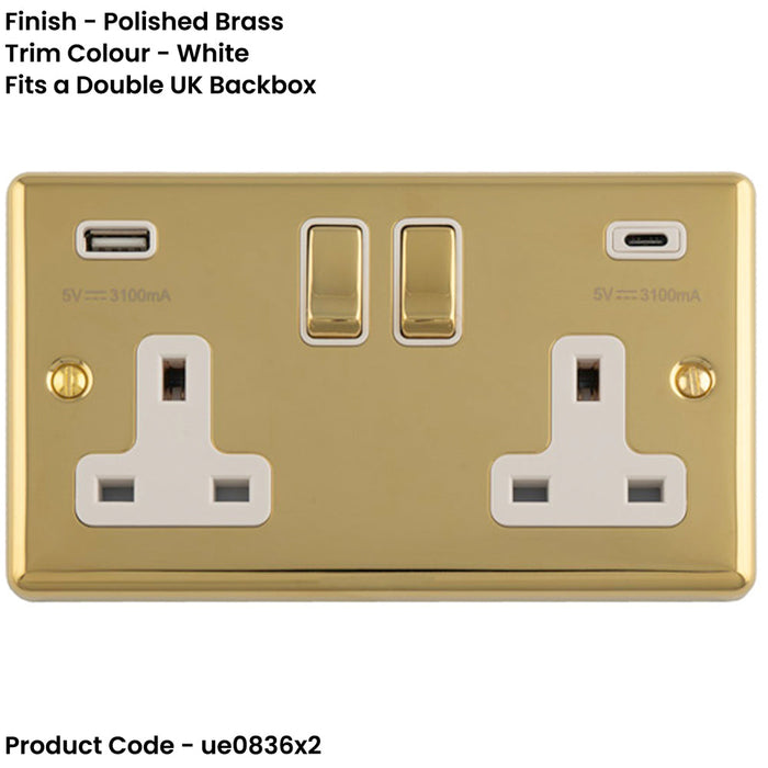 2 PACK 2 Gang Double UK Plug Socket & Dual 3.1A USB C USB A POLISHED BRASS & WHITE 13A Switched