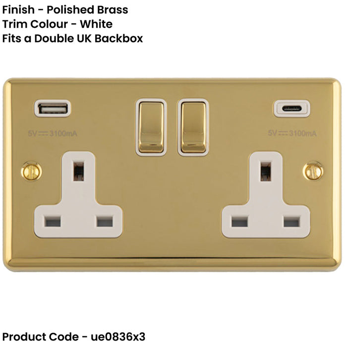 3 PACK 2 Gang Double UK Plug Socket & Dual 3.1A USB C USB A POLISHED BRASS & WHITE 13A Switched