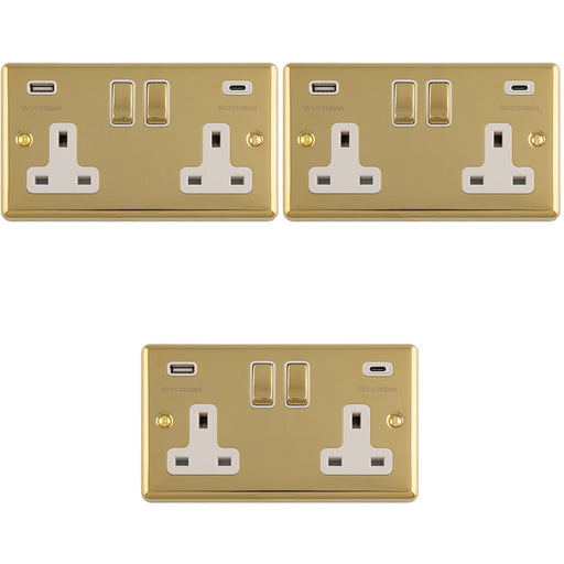 3 PACK 2 Gang Double UK Plug Socket & Dual 3.1A USB C USB A POLISHED BRASS & WHITE 13A Switched