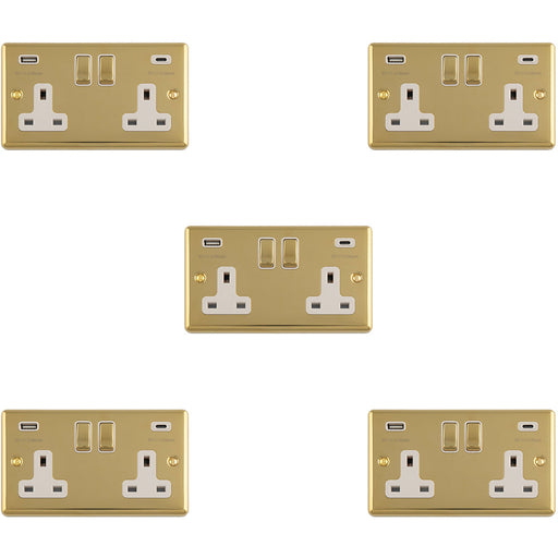 5 PACK 2 Gang Double UK Plug Socket & Dual 3.1A USB C USB A POLISHED BRASS & WHITE 13A Switched