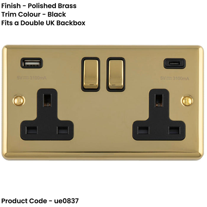 2 Gang Double UK Plug Socket & Dual 3.1A USB C USB A POLISHED BRASS & BLACK 13A Switched