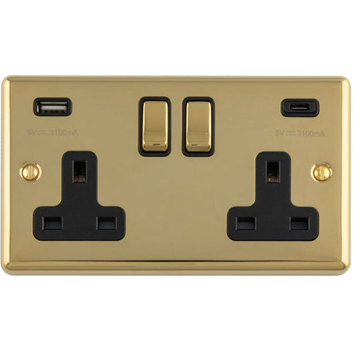 2 Gang Double UK Plug Socket & Dual 3.1A USB C USB A POLISHED BRASS & BLACK 13A Switched