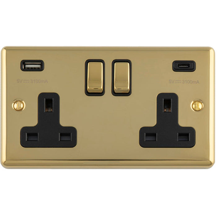 2 Gang Double UK Plug Socket & Dual 3.1A USB C USB A POLISHED BRASS & BLACK 13A Switched