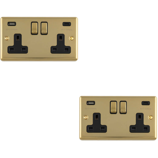 2 PACK 2 Gang Double UK Plug Socket & Dual 3.1A USB C USB A POLISHED BRASS & BLACK 13A Switched