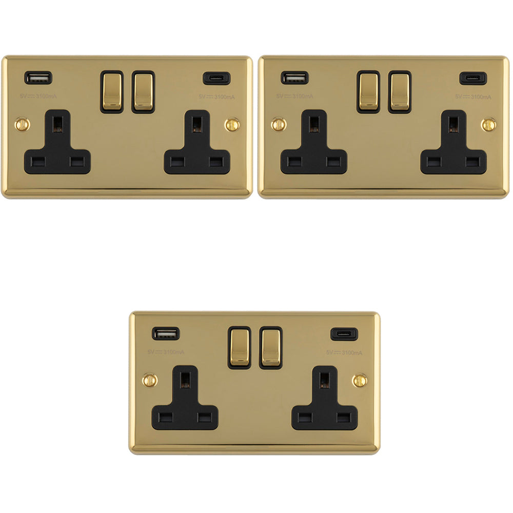 3 PACK 2 Gang Double UK Plug Socket & Dual 3.1A USB-C USB-A POLISHED B ...