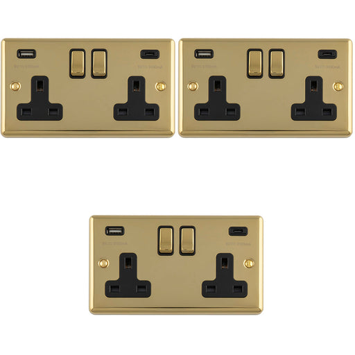 3 PACK 2 Gang Double UK Plug Socket & Dual 3.1A USB C USB A POLISHED BRASS & BLACK 13A Switched