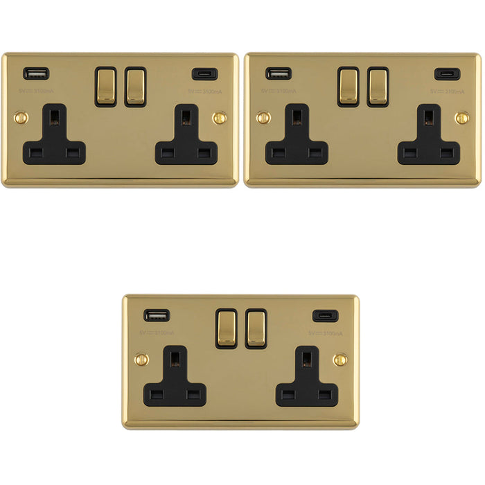 3 PACK 2 Gang Double UK Plug Socket & Dual 3.1A USB C USB A POLISHED BRASS & BLACK 13A Switched