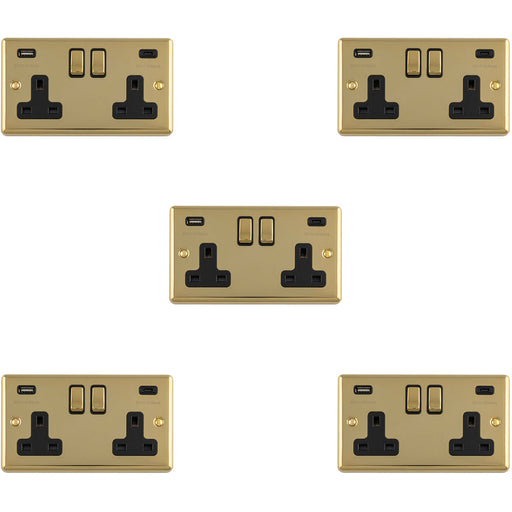 5 PACK 2 Gang Double UK Plug Socket & Dual 3.1A USB C USB A POLISHED BRASS & BLACK 13A Switched