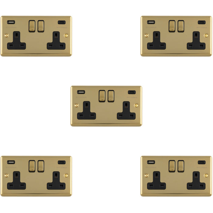 5 PACK 2 Gang Double UK Plug Socket & Dual 3.1A USB C USB A POLISHED BRASS & BLACK 13A Switched