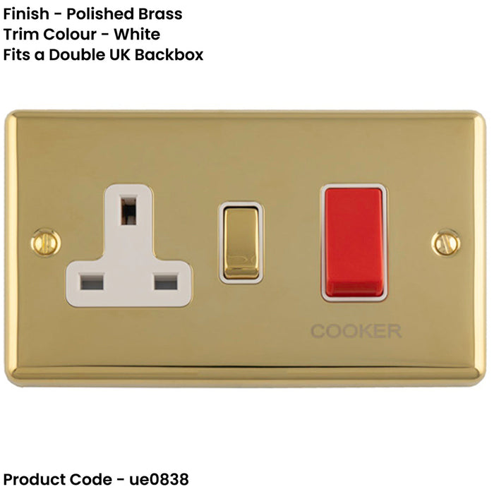 45A DP Oven Switch & Single 13A Switched Power Socket POLISHED BRASS & WHITE Cooker Wall Outlet